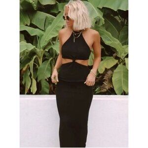 MIOU MUSE East Hampton Black Knit Halter Neck Cut-Out Bodycon Midi Dress, Size L